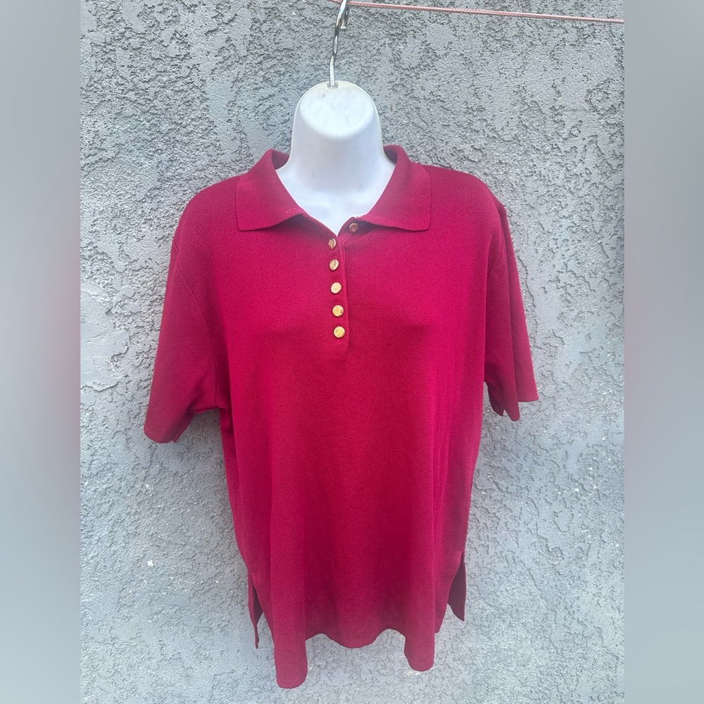 Magenta Women’s Button up Polo shirt with gold button closure